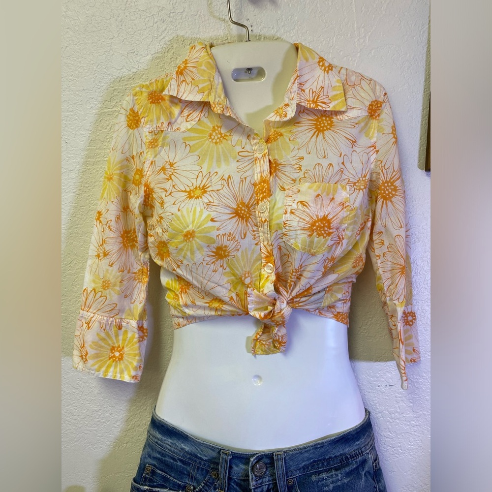 Y2K Wet Seal Collared Shirt Retro Floral 70s Wide Sleeve Hem Button Down XS - Picture 2 of 13